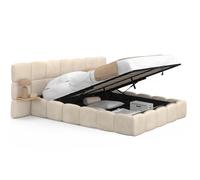 IDMarket - Cama doble Nuage con cabecero acolchado + mesitas de noche integradas y somier de láminas de 140 x 190 cm terciopelo beige