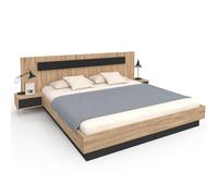 IDMarket - Cama doble Santa 180 x 200 cm, madera y negro | Con cabecera + mesitas de noche integradas y somier