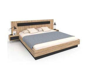 IDMarket - Cama doble Santa con cabecera + mesitas de noche integradas y somier de 180 x 200 cm, madera y negro