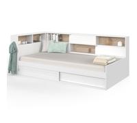 IDMarket - Cama individual Timothee con espacio de almacenamiento, cabecero con compartimentos y somier de láminas de 90 x 190 cm, color blanco y haya
