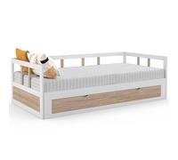 IDMarket - Cama tapizada 90 x 190 cm Zoya desplegable, 180 x 190 cm, Blanco y haya con 1 cajón