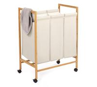 IDMarket - Cesta de lavandería con 3 compartimentos de bambú Rita de tela cruda con ruedas