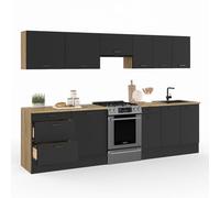 IDMarket - Cocina completa, 300 cm, sutil con encimera, 9 elementos, madera y negro