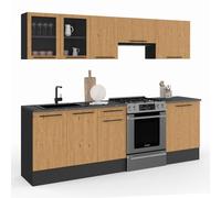 IDMarket - Cocina completa SUBTIL de 240 cm con vitrina + superficie de trabajo de 7 elementos en madera y negro