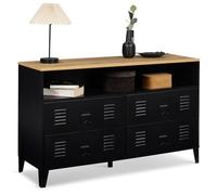 IDMarket - Cómoda 4 cajones Ester 115 cm metal negro y bandeja de madera de haya con nicho de diseño industrial