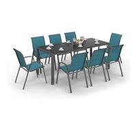 IDMarket - Conjunto de muebles de jardín Madrid, mesa de 190 cm y 8 sillas apilables, color azul pato