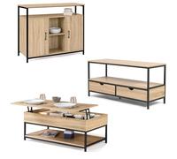 IDMarket Conjunto de muebles de salón Detroit, diseño industrial | Con aparador, mesa baja elevable y mueble para TV