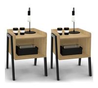 IDMarket Dalat - Juego de 2 mesitas de noche (1 cueva de madera y patas metálicas), color negro