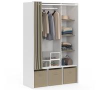IDMarket DIANE - Vestidor, 105 x 45 x 167 cm, color blanco y topo | Con estantes + 3 cajas de almacenamiento de tela topo + cortina topo