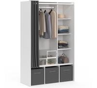 IDMarket DIANE - Vestidor de armario (105 x 45 x 167 cm), color blanco con estantes + cajas de almacenamiento + cortina gris