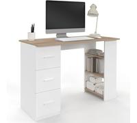 IDMarket - Escritorio Mae de diseño recto con 3 cajones y estantes de almacenamiento, color blanco y madera