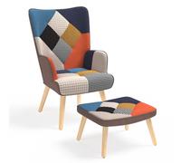 IDMarket Ivar - Sillón escandinavo con reposamuñecas en tejido Patchwork multicolor e impreso de pie de gallina