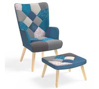 IDMarket Ivar - Sillón escandinavo con reposamuñecas en tejido Patchwork y terciopelo azul