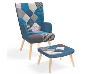 IDMarket Ivar - Sillón escandinavo con reposamuñecas en tejido Patchwork y terciopelo azul