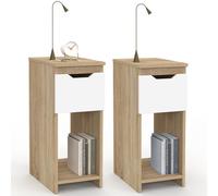 IDMarket - Juego de 2 mesitas de noche estrechas Anouk 1 cajón con nicho de madera en imitación de haya y blanco