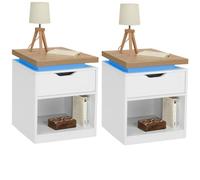 IDMarket - Juego de 2 mesitas de noche Luna LED 1 cajón con nicho blanco y bandeja efecto madera