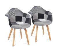 IDMarket - Juego de 2 sillas de comedor escandinavas, sillas de mesa SARA con motivos de patchworks negros, gris y blanco
