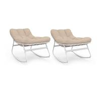 IDMarket - Juego de 2 sillones de jardín mecedora Arona, color blanco, cojines beige