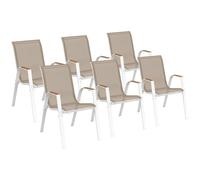 IDMarket - Juego de 6 sillas de jardín apilables NOUMEA de metal y textileno en blanco y madera