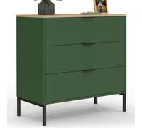 IDMarket KELIA - Cómoda con 3 cajones, 80 cm, color verde caqui y bandeja de madera
