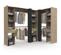 IDMarket - MARLON 230 x 140 x 180 cm Armario esquinero de haya con armarios + estantes + cortinas negras