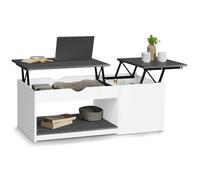 IDMarket - Mesa baja con 2 bandejas elevables EYLA con baúl de madera, blanco y gris
