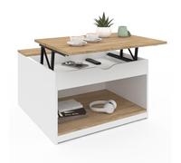 IDMarket - Mesa baja con bandeja elevable cuadrada ELEA con baúl de madera, color blanco y haya