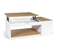IDMarket - Mesa baja con bandeja elevable rectangular ELEA con cajón, madera blanca y acabado en haya
