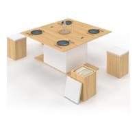 IDMarket - Mesa baja elevable rectangular convertible en mesa de comedor Eden 100 cm madera y blanco con pufs