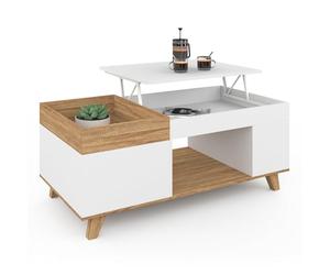 IDMarket - Mesa baja rectangular con bandeja elevable y bandeja extraíble con baúl Lola Madera y Blanco