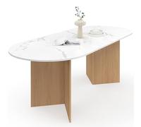 IDMarket - Mesa de comedor extensible ovalada Marthe 6-10 personas, bandeja de mármol blanco Alaska y madera de haya, 160-200 cm