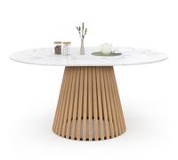 IDMarket - Mesa de comedor extensible redonda Carmen 4-8 personas, pie de madera de lamas y bandeja de mármol blanco Alaska 110-150 cm