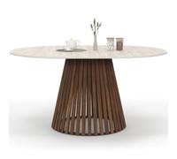 IDMarket - Mesa de comedor extensible redonda Carmen de 4 a 8 personas, base de nogal, listones y placa de efecto travertino, 110-150 cm
