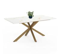IDMarket - Mesa de comedor rectangular ALIX para 8 personas con pata de araña de latón y tablero de mesa con efecto mármol blanco Alaska 160 cm