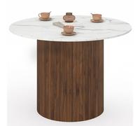 IDMarket - Mesa de comedor redonda Julieta para 6 personas, pie central, efecto lamado, nogal y bandeja efecto mármol, color blanco Alaska
