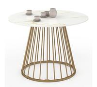 IDMarket - Mesa de comedor redonda YUNA 6 personas con pie de alambre de latón y mesa con efecto mármol blanco Alaska 110 cm