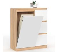 IDMarket - Mueble de baño TOMI 1 puerta con cesta extraíble para la colada 3 cajones en imitación de madera de haya y blanco