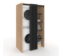 IDMarket - Mueble de lavandería doble lavadora con cortina deslizante Wallis haya y negro