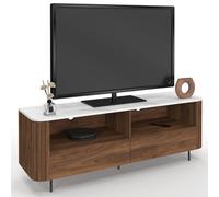 IDMarket - Mueble TV 140cm Marla nogal efecto listones 2 cajones y tapa de mármol blanco Alaska