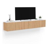 IDMarket - Mueble TV suspendido JULIETTE de 180 cm con 2 puertas, superficie efecto mármol, listones de madera color roble