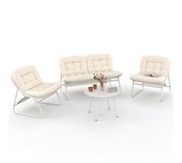 IDMarket - Muebles de jardín Arona bajo 4 plazas en metal blanco y cojines beige con sofá, sillón y mesa