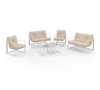 IDMarket - Muebles de jardín bajos Nairobi 6 plazas de acero blanco y cojines beige