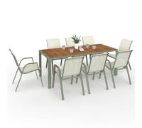 IDMarket - Muebles de jardín NOUMEA mesa 190 cm tapa de vidrio templado en aspecto de madera y 8 sillas apilables verde y madera