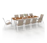 IDMarket - Muebles de jardín NOUMEA mesa 240 cm tapa de vidrio templado en imitación de madera y 10 sillas apilables blancas y madera