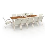 IDMarket - Muebles de jardín NOUMEA mesa extensible 135/270 cm tapa de vidrio templado en aspecto de madera y 12 sillas apilables en beige y HOL
