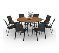 IDMarket - Muebles de jardín NOUMEA - Mesa redonda de 150 cms y 8 sillas apilables en madera y negro