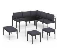 IDMarket - Nayla Juego de comedor esquinero de metal de 8 plazas con cojines grises, mesa de comedor, sofá esquinero, banco y taburetes