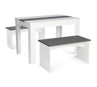 IDMarket ROZY - Juego de mesa de comedor y 2 bancos para 4 personas, color blanco y gris, 110 cm