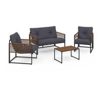 IDMarket - Salón de jardín bajo Rio 4 plazas, estructura de metal, color gris antracita, cuerda de ratán y cojines gris