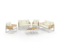 IDMarket - Salón de jardín bajo Rio 6 plazas, estructura metálica blanca y cordaje, efecto ratán con cojines, color beige